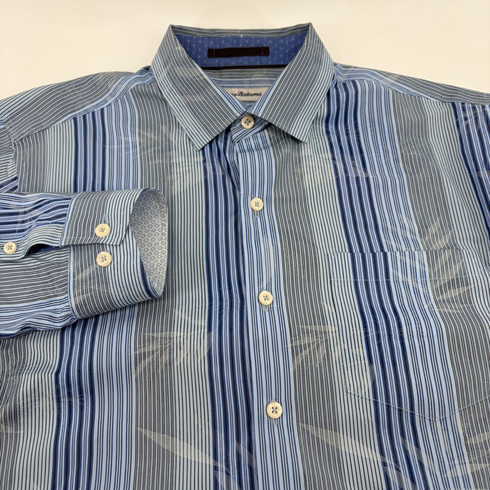 Tommy Bahama Mens Blue Striped Silk Blend Long Sleeve Button Down Shirt Size M